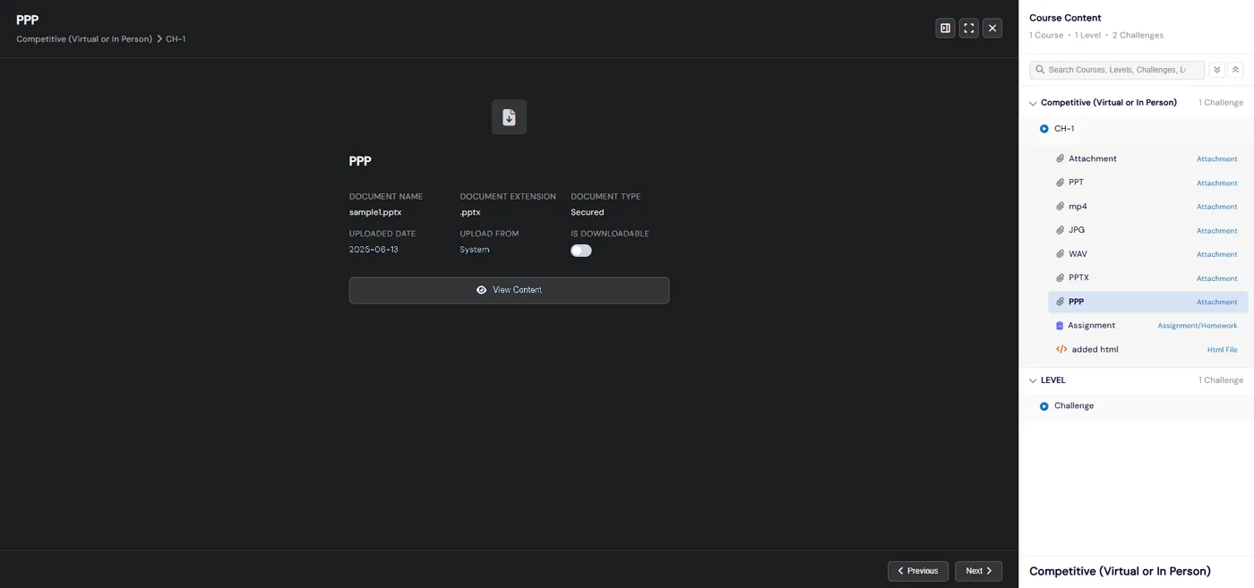 A course step open full screen with document details and View Content, Previous and Next buttons, and a Course Content sidebar listing the levels, challenges and steps
