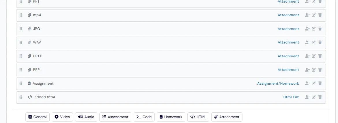 Course curriculum challenge with its steps and the step type buttons General, Video, Audio, Assessment, Code, Homework, HTML and Attachment