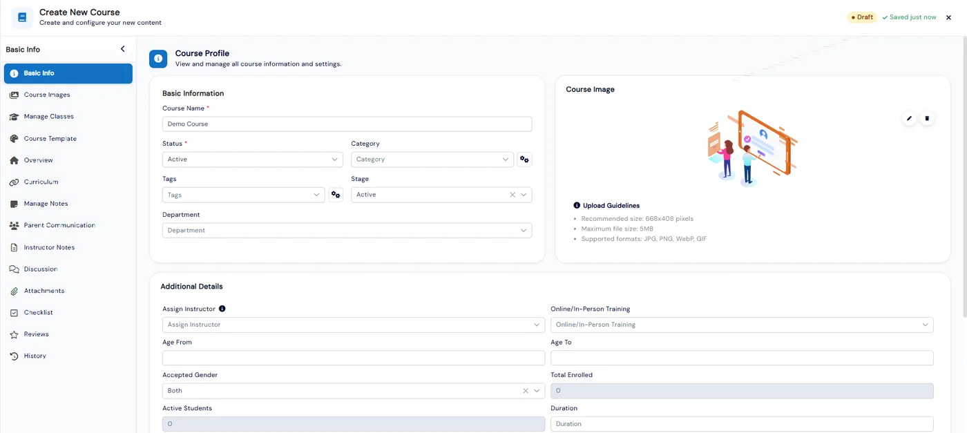 Create New Course form with course name, status, category, tags and stage, a course image, Draft and Saved just now indicators, and tabs for curriculum, classes, notes, discussion, checklist and reviews