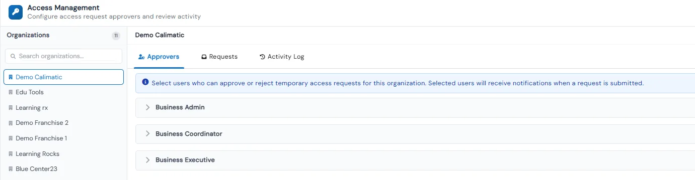 Access Management with Approvers, Requests and Activity Log tabs, listing Business Admin, Business Coordinator and Business Executive as approver roles for an organization