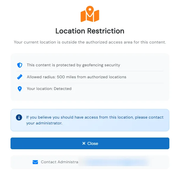 Location Restriction screen telling a user the curriculum is protected by geofencing, with the allowed radius from authorized locations