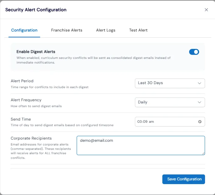 Security Alert Configuration with digest alerts, alert period, daily frequency, send time and corporate recipients