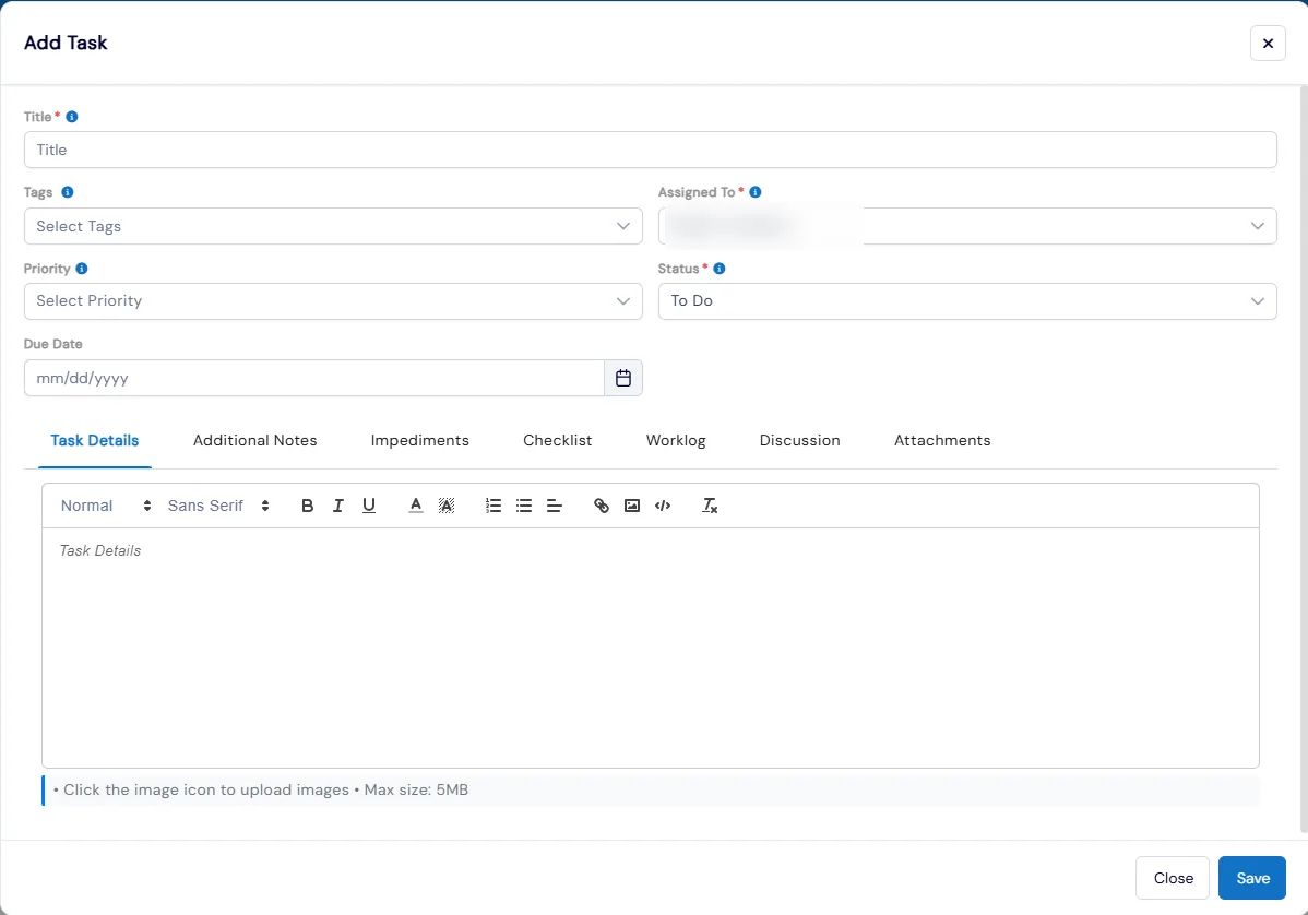 Staff Board Add Task form with title, tags, assignee, priority, status and due date, and tabs for task details, notes, impediments, checklist, worklog, discussion and attachments