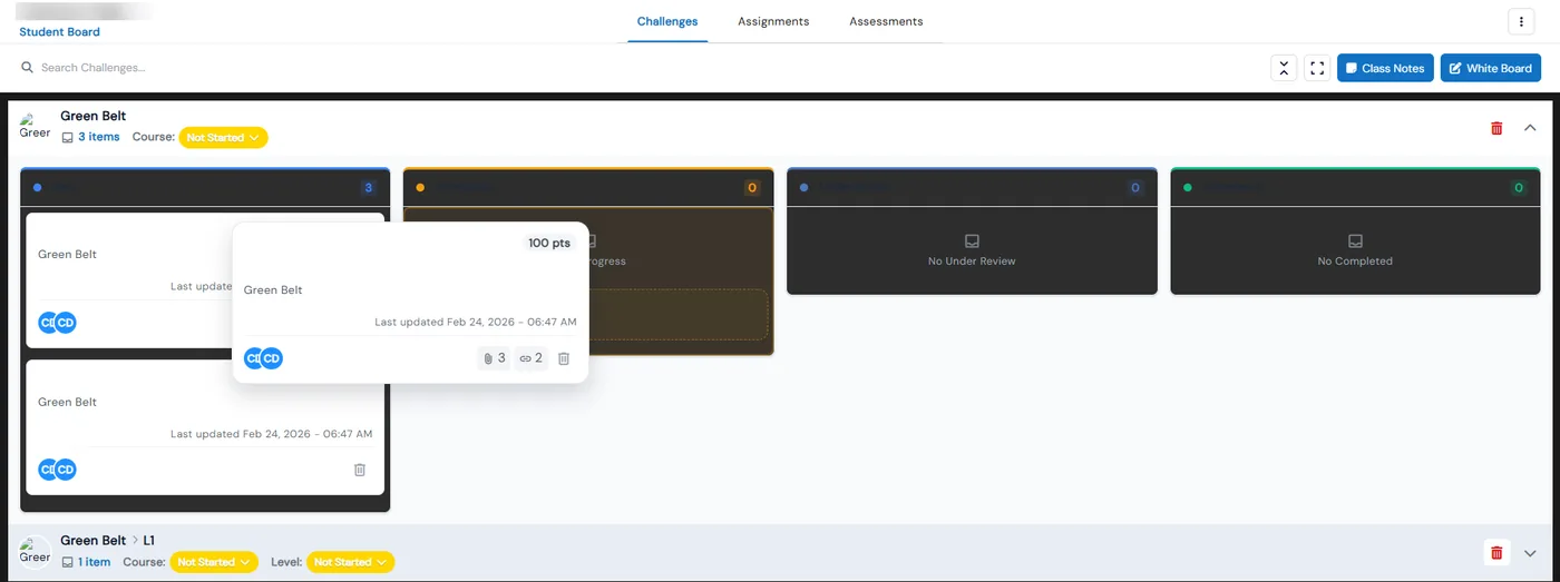 Student Board with Challenges, Assignments and Assessments tabs, a course swimlane with status columns and a card preview showing 100 points, attachments and linked items