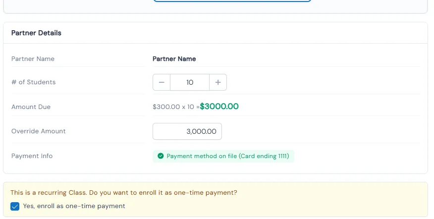 Bulk enrollment dialog for a partner class: 10 students, $3,000 amount due and an override amount field