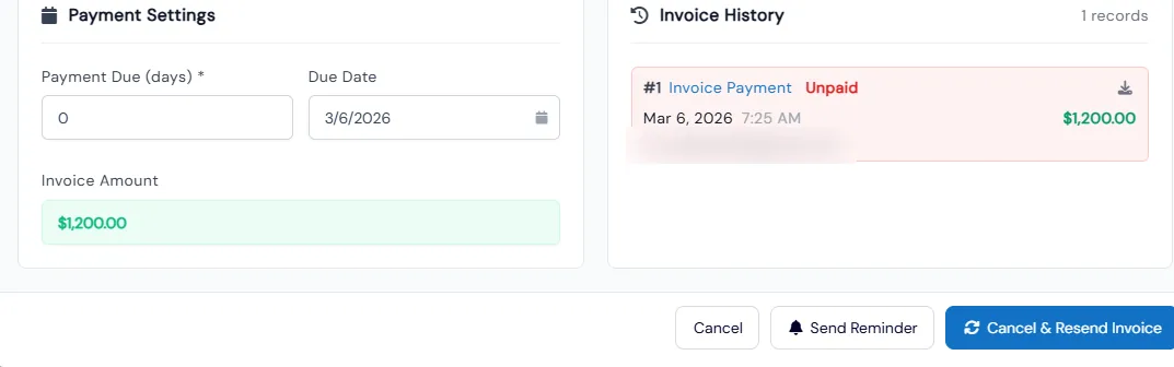 Partner invoice dialog with payment due settings, a $1,200 unpaid invoice in history and Send Reminder