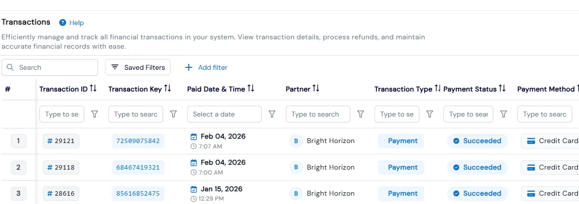 Partner Transactions table listing succeeded credit card payments with IDs, dates and types