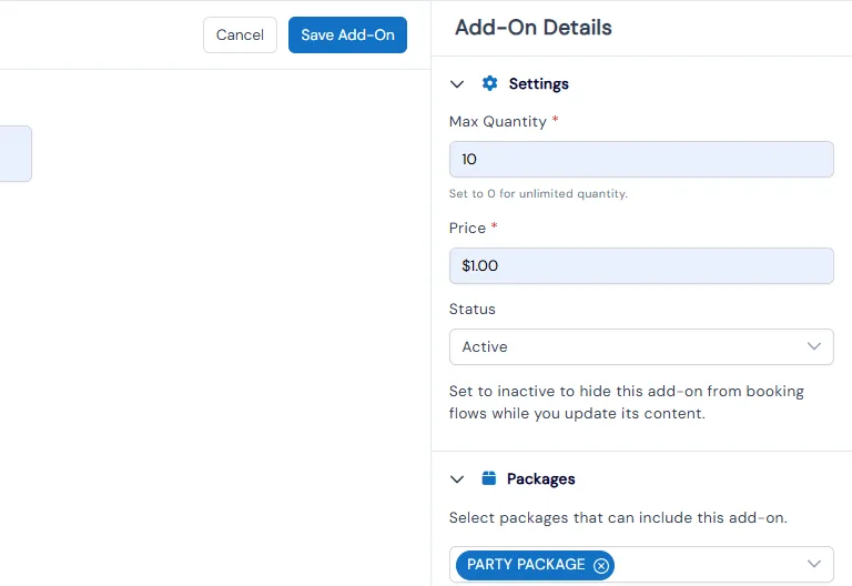 Add-on details panel with max quantity, price, status and the packages it can be included with