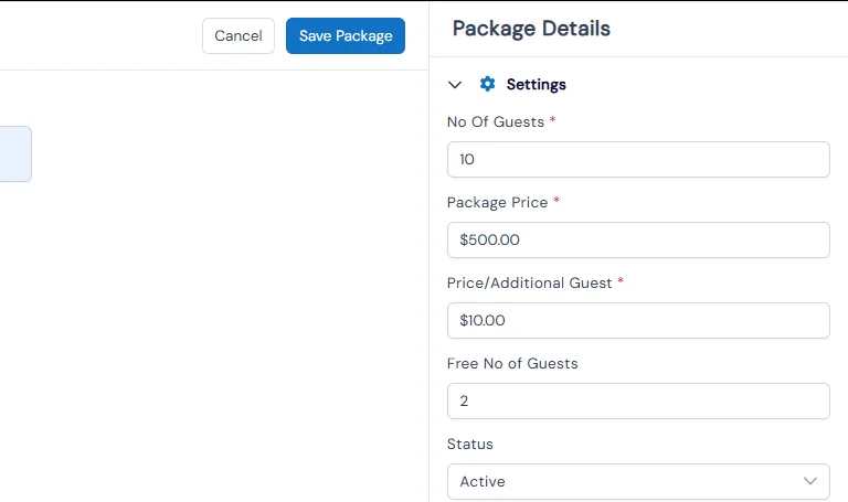 Package details panel with number of guests, package price, price per additional guest, free guests and status