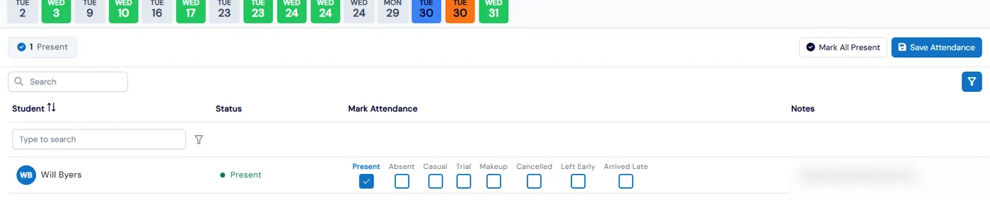 Attendance by class with date slots, Mark All Present, Save Attendance and statuses like Present, Absent, Makeup and Arrived Late