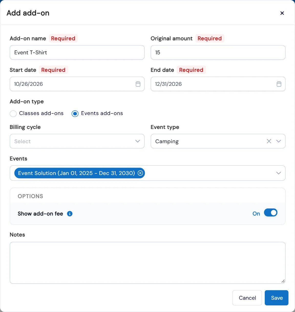 Add add-on window creating an Event T-Shirt with its price, start and end dates, add-on type, event type, the events it is offered on and a Show add-on fee option