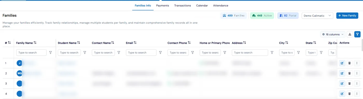 Families Info grid with counters for total, active and portal families, a New Family button, export and a row for each family with its students and contacts