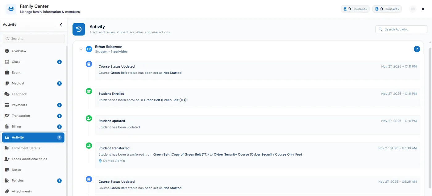 Family Center Activity tab listing a student’s course status changes, enrollment, profile update and class transfer with dates and who made the change