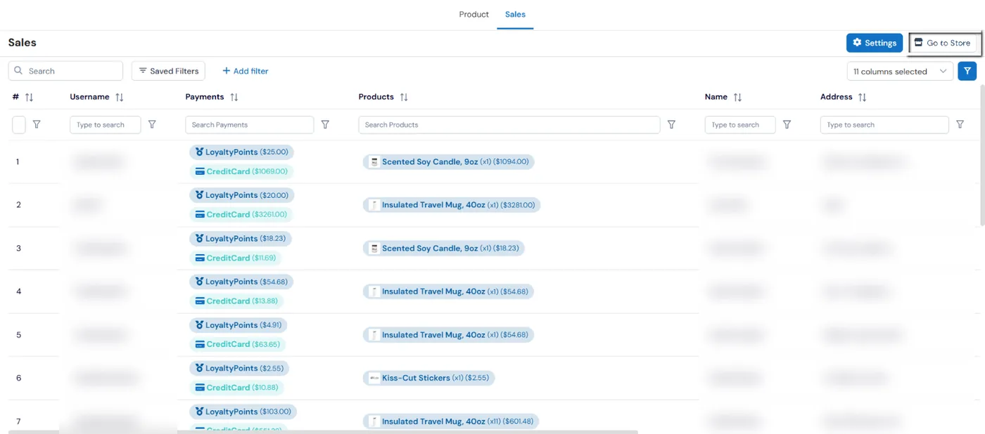 Store Sales page listing each order with how it was paid, loyalty points and credit card amounts, the products bought, and Settings and Go to Store buttons