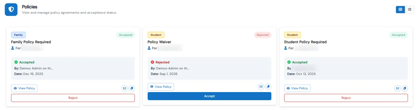 Family Policies tab with cards for a family policy and student waivers showing Accepted or Rejected status, who responded and the date