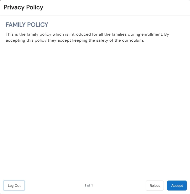 Policy popup shown to a parent at portal login with Accept and Reject buttons