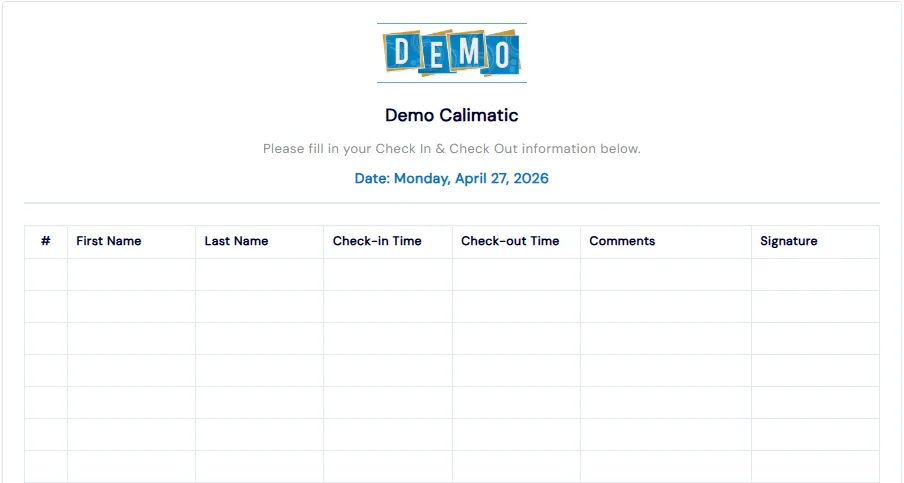 Printable sign in and out sheet with columns for name, check-in time, check-out time, comments and signature