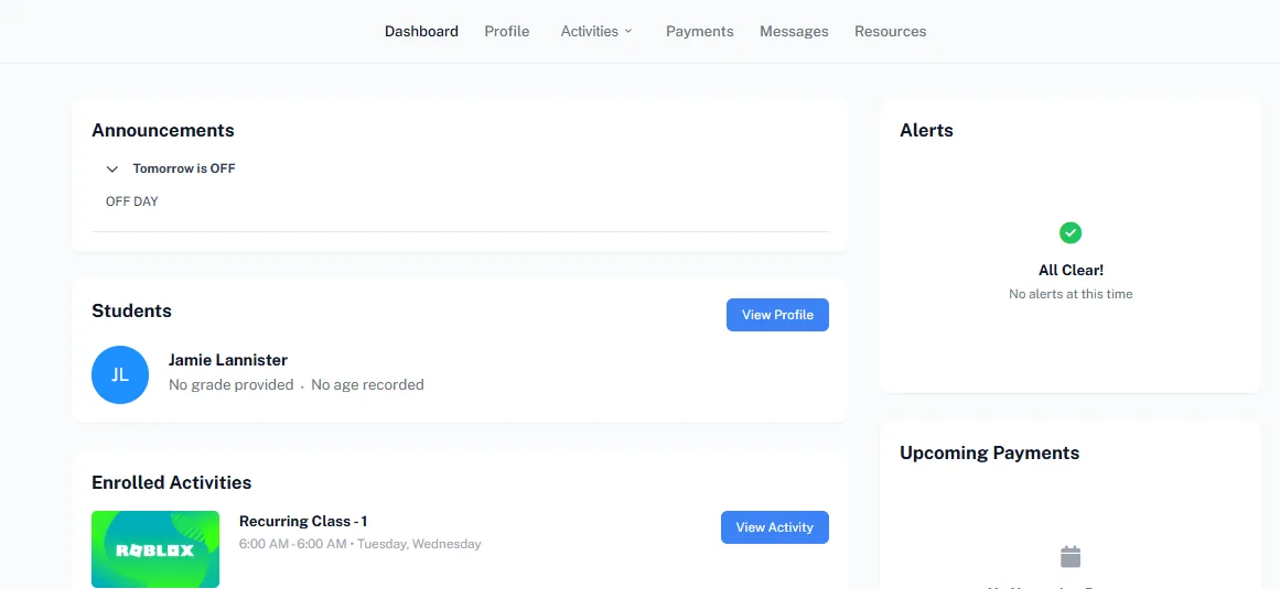 Parent portal dashboard with announcements, students, enrolled activities, alerts and upcoming payments