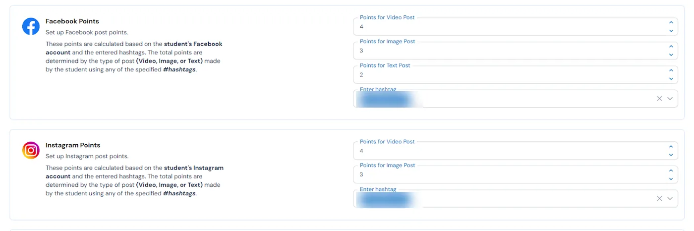 Points Calculation settings with points for Facebook video, image and text posts and Instagram posts that use your hashtag