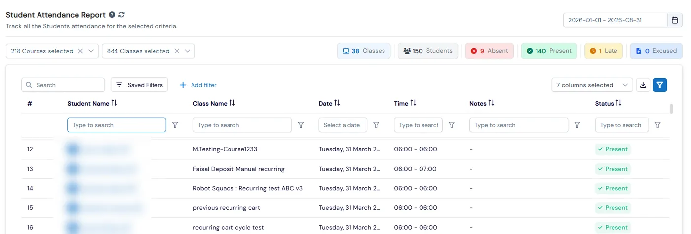 Student Attendance report filtered by courses, classes and date range, with counts of classes, students, absent, present, late and excused, and each student’s class, date, time, notes and status