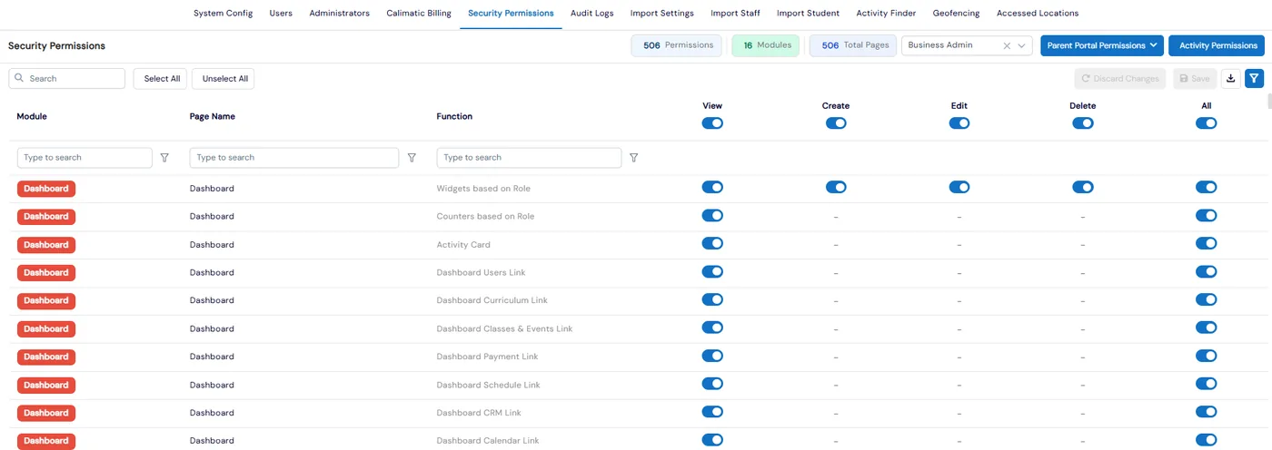 Security Permissions grid for the Business Admin role, with View, Create, Edit, Delete and All toggles for each module, page and function