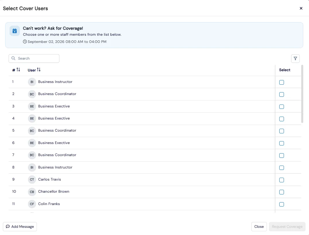 Ask for coverage dialog where a staff member picks colleagues to cover a shift